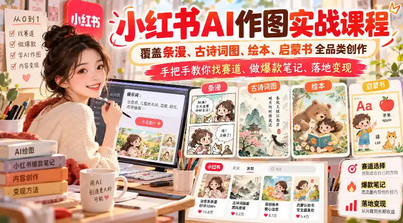 小红书AI作图实战课程，覆盖条漫、古诗词图、绘本、启蒙书全品类创作，手把手教你找赛道、做爆款笔记、落地变现-亿起创业网-副业兼职月入过万-自媒体、引流推广、网赚项目、短视频、技术教程等创业项目资源