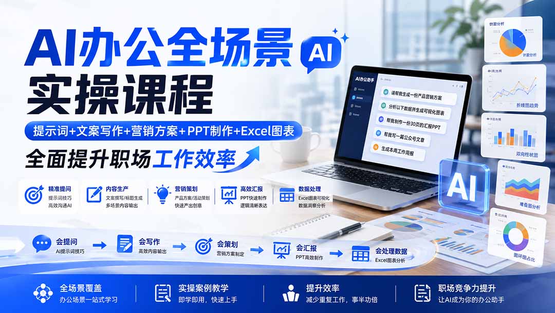 AI办公全场景实操课程：提示词+文案写作+营销方案+PPT制作+Excel图表，全面提升职场工作效率-亿起创业网-副业兼职月入过万-自媒体、引流推广、网赚项目、短视频、技术教程等创业项目资源
