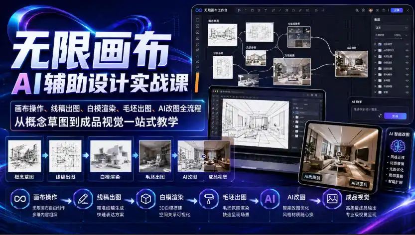 无限画布AI辅助设计实战课｜画布操作、线稿出图、白模渲染、毛坯出图、AI改图全流程，从概念草图到成品视觉一站式教学(更新0923)-亿起创业网-副业兼职月入过万-自媒体、引流推广、网赚项目、短视频、技术教程等创业项目资源