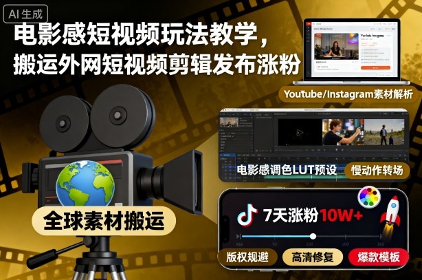 电影感短视频玩法教学,搬运外网短视频剪辑发布涨粉-亿佰盟网