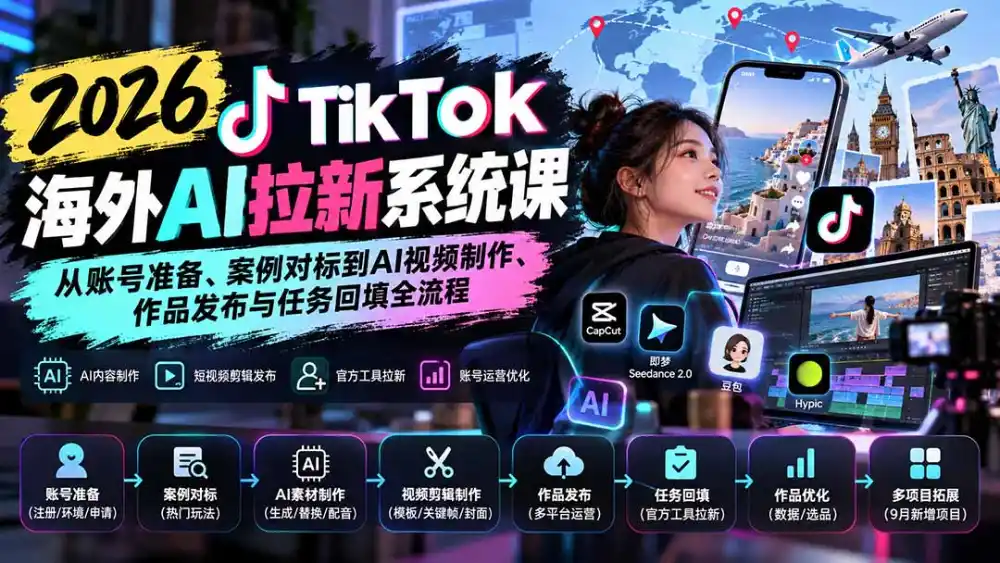 【无水印】2026 TikTok海外AI拉新系统课：从账号准备、案例对标到AI视频制作、作品发布与任务回填全流程-亿起创业网-副业兼职月入过万-自媒体、引流推广、网赚项目、短视频、技术教程等创业项目资源