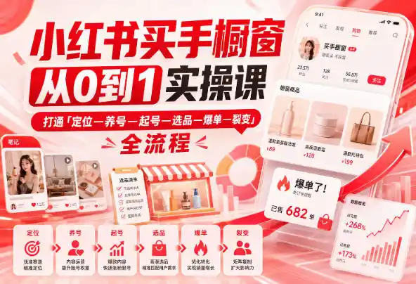 小红书买手橱窗从0到1实操课，打通「定位—养号—起号—选品—爆单—裂变」全流程-亿起创业网-副业兼职月入过万-自媒体、引流推广、网赚项目、短视频、技术教程等创业项目资源