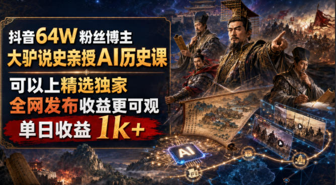 抖音64W粉丝博主大驴说史亲授AI历史课，可以上精选独家，全网发布收益更可观，单日收益1k+-亿起创业网-副业兼职月入过万-自媒体、引流推广、网赚项目、短视频、技术教程等创业项目资源