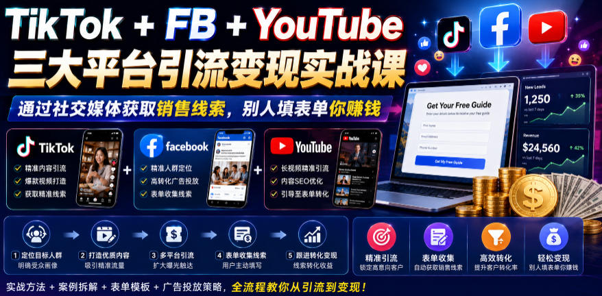 TikTok+FB+YouTube三大平台引流变现实战课,通过社交媒体获取销售线索,别人填表单你賺钱【原创双语字幕】-亿起创业网-副业兼职月入过万-自媒体、引流推广、网赚项目、短视频、技术教程等创业项目资源