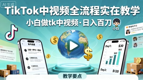 TikTok中视频全流程实操教学，小白做tk中视频，日入百刀-亿佰盟网