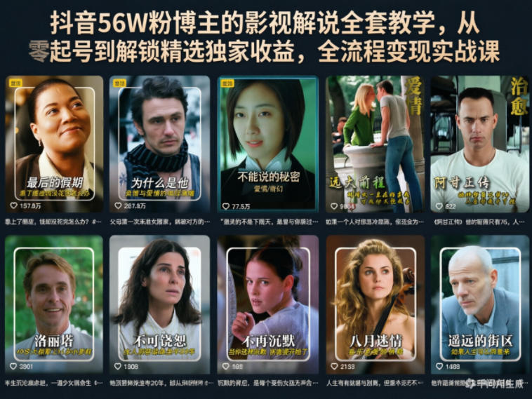 抖音56W粉博主的影视解说全套教学，从零起号到解锁精选独家收益，全流程变现实战课-亿起创业网-副业兼职月入过万-自媒体、引流推广、网赚项目、短视频、技术教程等创业项目资源