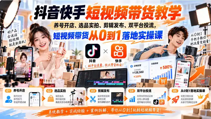 抖音快手短视频带货教学｜养号开店、选品实拍、剪辑发布、双平台投流，短视频带货从0到1落地实操课-亿起创业网-副业兼职月入过万-自媒体、引流推广、网赚项目、短视频、技术教程等创业项目资源