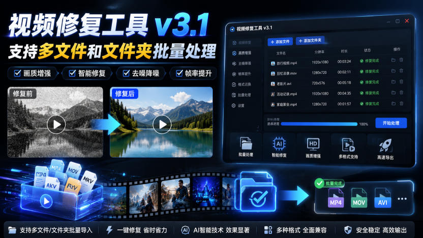视频修复工具v3.1，支持多文件和文件夹批量处理-亿起创业网-副业兼职月入过万-自媒体、引流推广、网赚项目、短视频、技术教程等创业项目资源