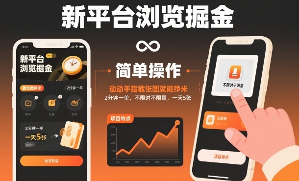 新平台浏览掘金，动动手指截张图就能挣米，2分钟一单，不限时不限量，一天5张【揭秘】-亿佰盟网