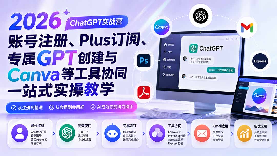 2026 ChatGPT实战营；账号注册、Plus订阅、专属GPT创建与Canva等工具协同一站式实操教学-亿起创业网-副业兼职月入过万-自媒体、引流推广、网赚项目、短视频、技术教程等创业项目资源