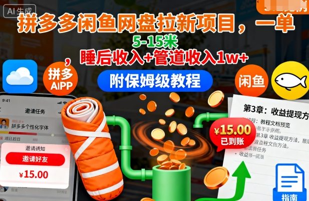 拼多多闲鱼网盘拉新项目,一单5-15米,睡后收入+管道收入1w+(附保姆级教程)-亿佰盟网