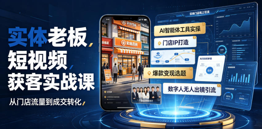 实体老板短视频获客实战课｜AI智能体工具全套实操、门店IP打造、爆款变现选题、数字人无人出镜引流完整教程-亿起创业网-副业兼职月入过万-自媒体、引流推广、网赚项目、短视频、技术教程等创业项目资源
