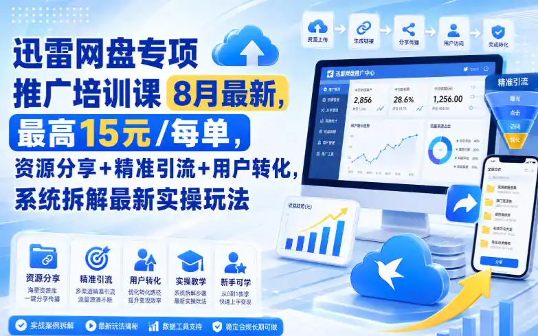 迅雷网盘专项推广培训课9月最新，最高15米/每单，资源分享+精准引流+用户转化，系统拆解最新实操玩法(更新0915)-亿起创业网-副业兼职月入过万-自媒体、引流推广、网赚项目、短视频、技术教程等创业项目资源