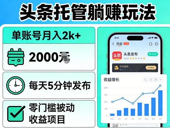 头条托管躺賺玩法，单账号月入2k+，每天5分钟发布即可，零门槛被动收益项目【揭秘】-亿起创业网-副业兼职月入过万-自媒体、引流推广、网赚项目、短视频、技术教程等创业项目资源