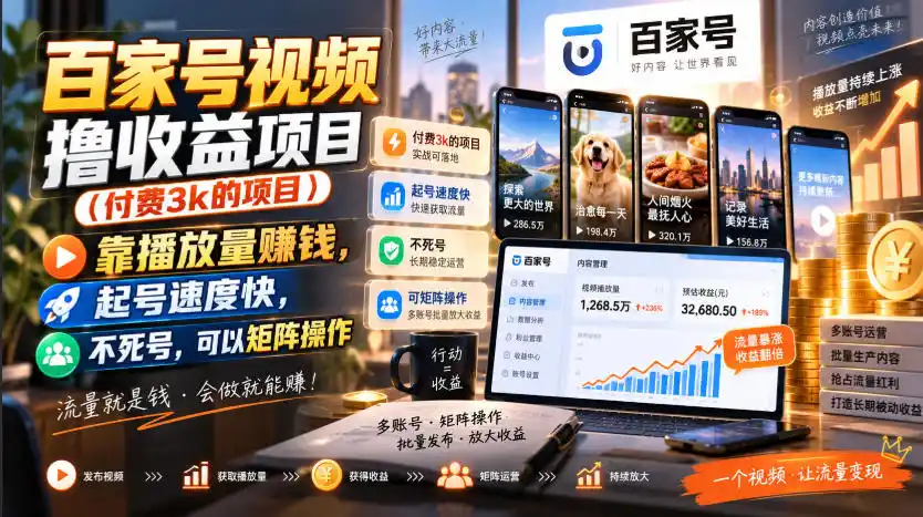 百家号视频撸收益项目(付费3k的项目)，靠播放量賺钱，起号速度快，不死号，可以矩阵操作-亿起创业网-副业兼职月入过万-自媒体、引流推广、网赚项目、短视频、技术教程等创业项目资源