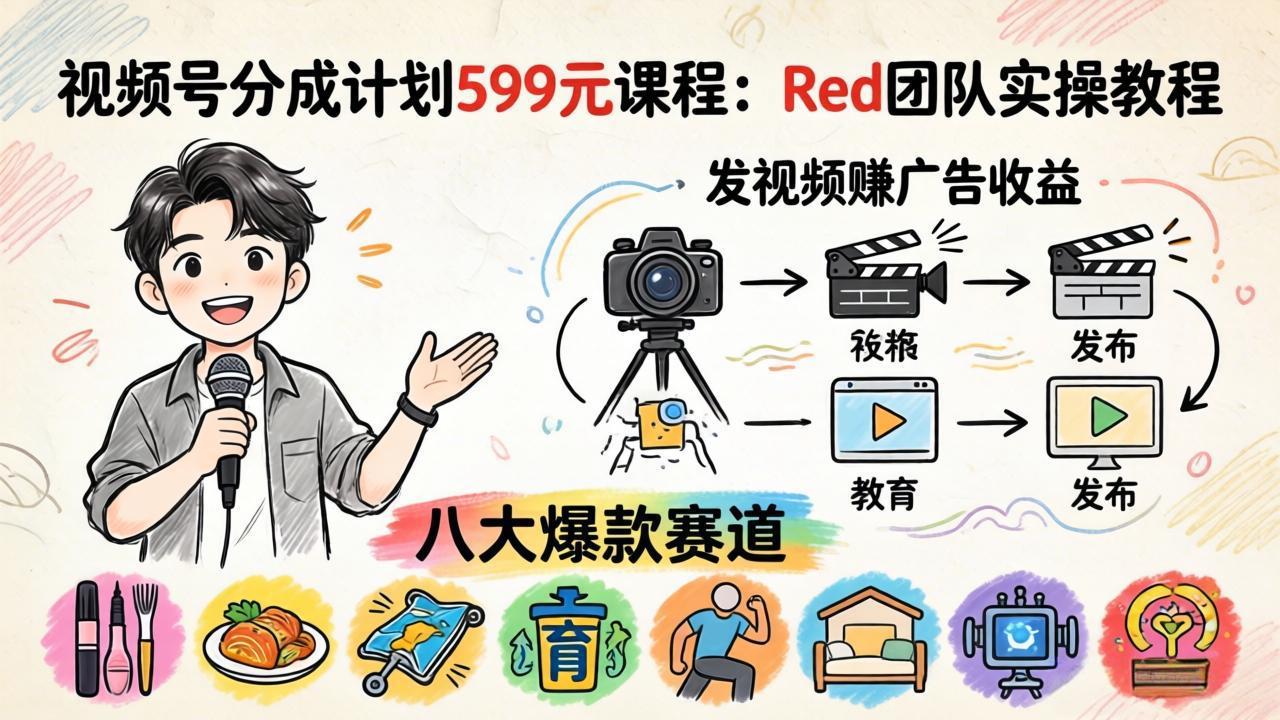 视频号分成计划599元课程：Red团队实操教程，发视频赚广告收益，八大爆款赛道全掌握-亿起创业网-副业兼职月入过万-自媒体、引流推广、网赚项目、短视频、技术教程等创业项目资源
