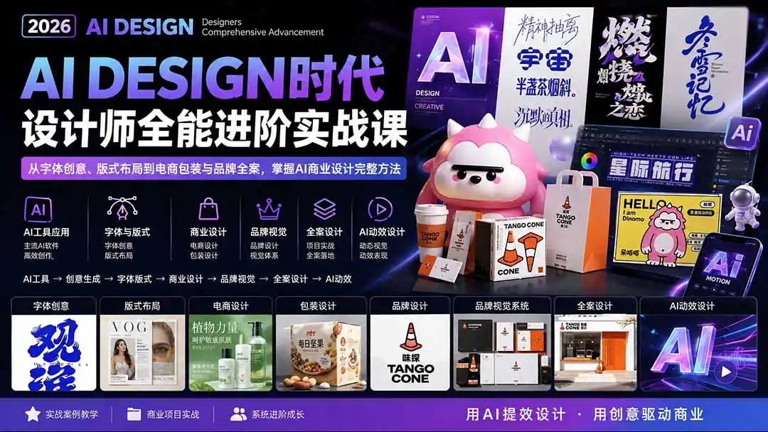 2026AI DESIGN时代设计师全能进阶实战课:从字体创意、版式布局到电商包装与品牌全案,掌握AI商业设计完整方法 2026AI DESIGN时代设计师全能进阶实战课:从字体创意、版式布局到电商包装与品牌全案,掌握AI商业设计完整方法
