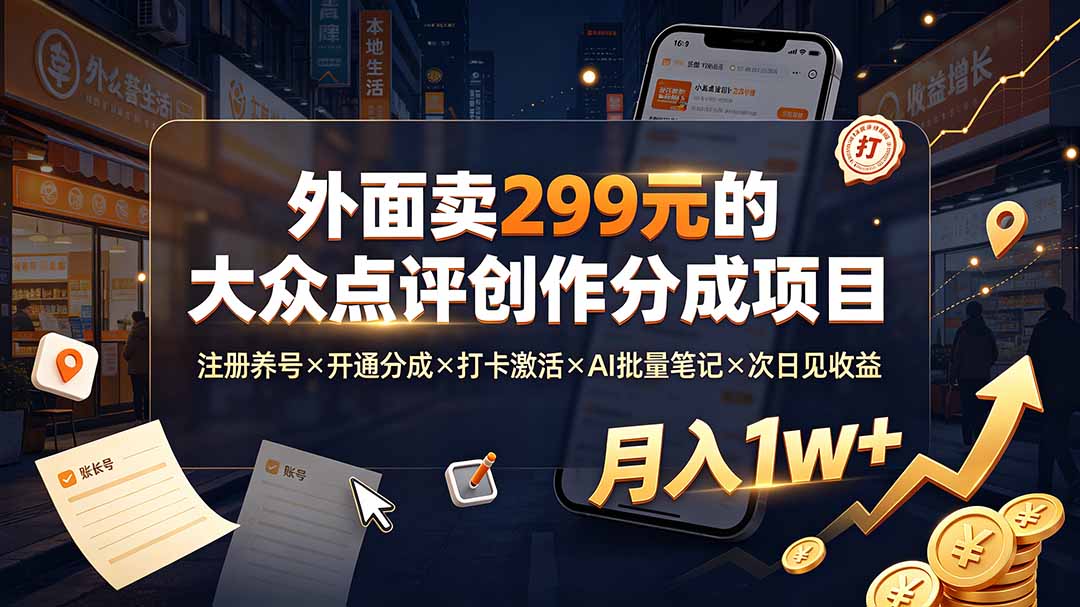 外面卖299元的大众点评创作分成项目：注册养号×开通分成×打卡激活×AI批量笔记×次日见收益，月入1w+-亿起创业网-副业兼职月入过万-自媒体、引流推广、网赚项目、短视频、技术教程等创业项目资源