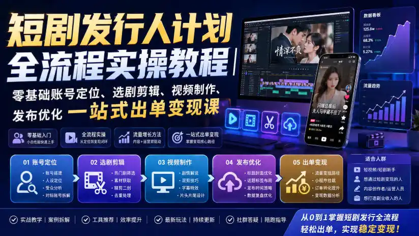 短剧发行人计划全流程实操教程｜零基础账号定位、选剧剪辑、视频制作、发布优化一站式出单变现课-亿起创业网-副业兼职月入过万-自媒体、引流推广、网赚项目、短视频、技术教程等创业项目资源