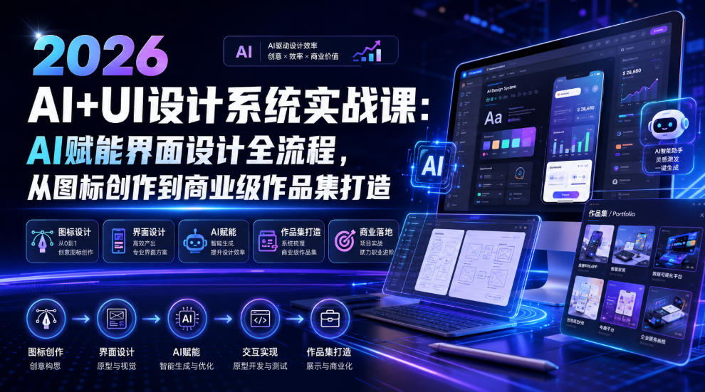 2026 AI+UI设计系统实战课：AI赋能界面设计全流程，从图标创作到商业级作品集打造-亿起创业网-副业兼职月入过万-自媒体、引流推广、网赚项目、短视频、技术教程等创业项目资源