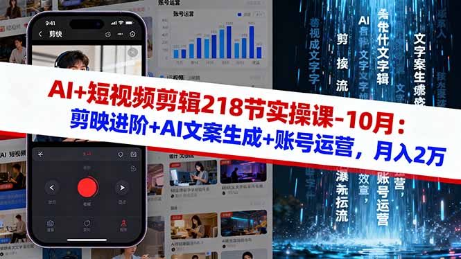 AI+短视频剪辑218节实操课-10月：剪映进阶+AI文案生成+账号运营，月入2万-亿佰盟网