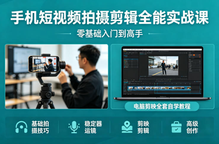 手机短视频拍摄剪辑全能实战课：零基础入门到高手，稳定器运镜+电脑剪映全套自学教程-亿起创业网-副业兼职月入过万-自媒体、引流推广、网赚项目、短视频、技术教程等创业项目资源