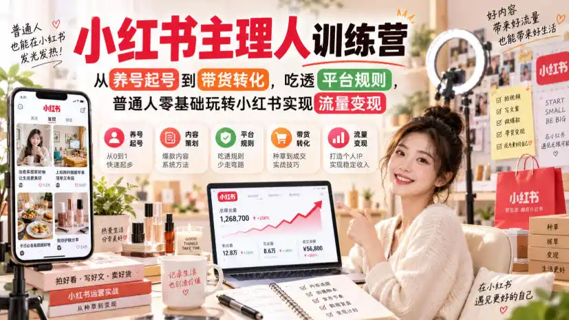 小红书主理人训练营，从养号起号到带货转化，吃透平台规则，普通人零基础玩转小红书实现流量变现-亿起创业网-副业兼职月入过万-自媒体、引流推广、网赚项目、短视频、技术教程等创业项目资源