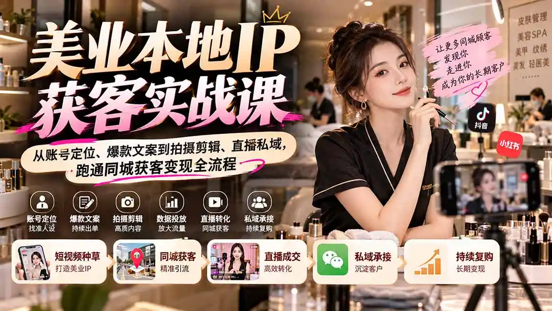 【无水印】美业本地IP获客实战课：从账号定位、爆款文案到拍摄剪辑、直播私域，跑通同城获客变现全流程-亿起创业网-副业兼职月入过万-自媒体、引流推广、网赚项目、短视频、技术教程等创业项目资源