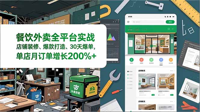 餐饮外卖全平台实战，店铺装修、爆款打造、30天爆单，手把手教学，单店月订单增长200%+-亿佰盟网