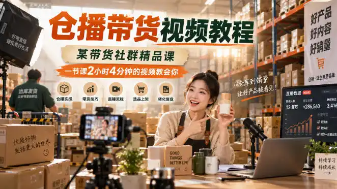 仓播带货视频教程，某带货社群精品课，一节课2小时4分钟的视频教会你-亿起创业网-副业兼职月入过万-自媒体、引流推广、网赚项目、短视频、技术教程等创业项目资源