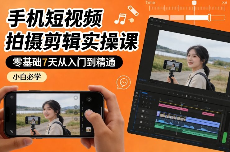 手机短视频拍摄剪辑实操课，零基础7天从入门到精通，小白必学-亿佰盟网