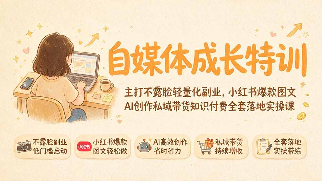 自媒体成长特训｜主打不露脸轻量化副业，小红书爆款图文AI创作私域带货知识付费全套落地实操课-亿起创业网-副业兼职月入过万-自媒体、引流推广、网赚项目、短视频、技术教程等创业项目资源