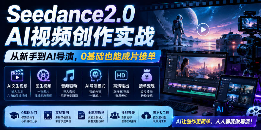 Seedance2.0 AI视频创作实战，从新手到AI导演，0基础也能成片接单变现-亿起创业网-副业兼职月入过万-自媒体、引流推广、网赚项目、短视频、技术教程等创业项目资源