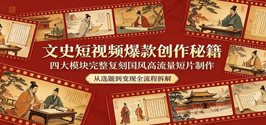 文史短视频爆款创作秘籍：四大模块完整复刻国风高流量短片制作-亿起创业网-副业兼职月入过万-自媒体、引流推广、网赚项目、短视频、技术教程等创业项目资源