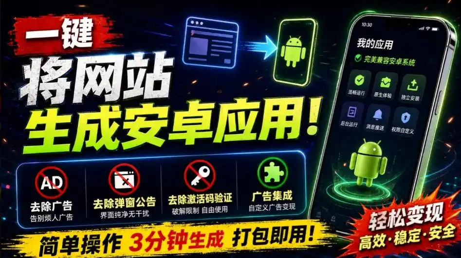 目前最好用，一键将网站生成安卓应用！支持去除广告、弹窗公告、激活码验证、广告集成等web-to-app-亿起创业网-副业兼职月入过万-自媒体、引流推广、网赚项目、短视频、技术教程等创业项目资源