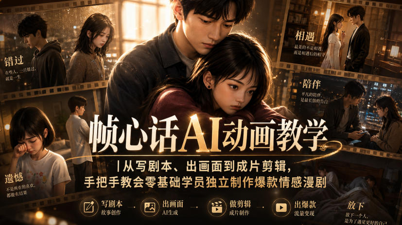 帧心话AI动画教学｜从写剧本、出画面到成片剪辑，手把手教会零基础学员独立制作爆款情感漫剧-亿起创业网-副业兼职月入过万-自媒体、引流推广、网赚项目、短视频、技术教程等创业项目资源