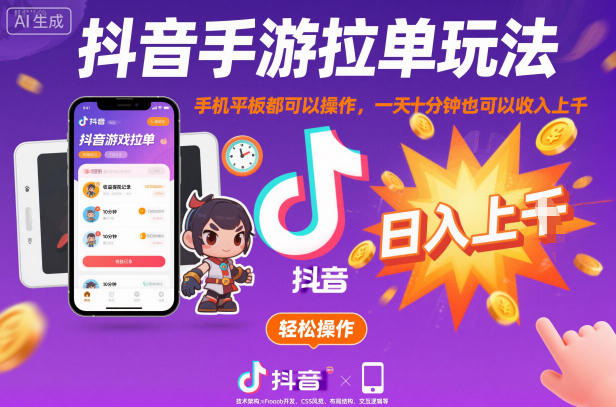 抖音手游拉单玩法，手机平板都可以操作，一天十分钟也可以收入上K【揭秘】-亿佰盟网