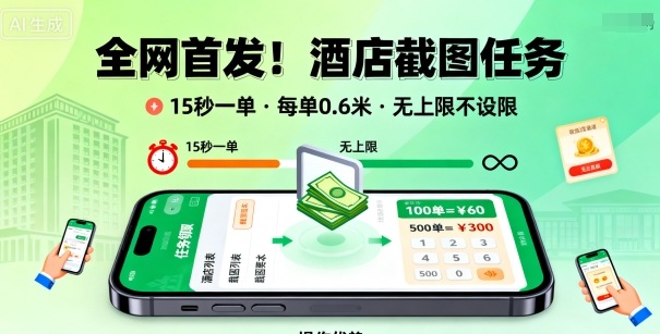 全网首发！酒店截图任务，15秒一单，每单0.6米，任务无上限不设限，矩阵操作单日3张到手【揭秘】-亿佰盟网