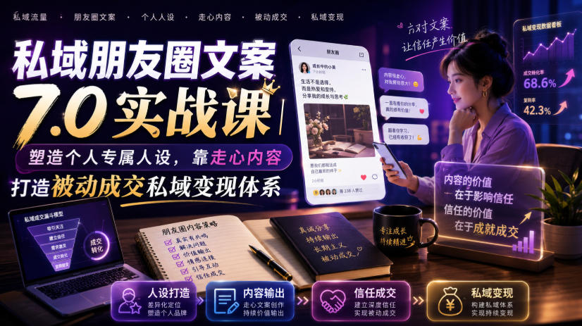 私域朋友圈文案7.0实战课|塑造个人专属人设,靠走心内容打造被动成交私域变现体系-亿起创业网-副业兼职月入过万-自媒体、引流推广、网赚项目、短视频、技术教程等创业项目资源