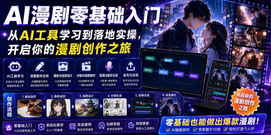 AI漫剧零基础入门，从AI工具学习到落地实操，开启你的漫剧创作之旅-亿起创业网-副业兼职月入过万-自媒体、引流推广、网赚项目、短视频、技术教程等创业项目资源