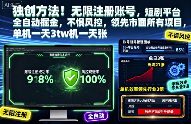 独创方法！无限注册账号，短剧平台全自动掘金，不惧风控，领先市面所有项目，单机一天3张【揭秘】-亿佰盟网