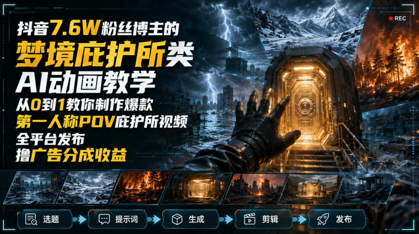 抖音7.6W粉丝博主的梦境庇护所类AI动画教学，从0到1教你制作爆款第一人称POV庇护所视频，全平台发布撸广告分成收益-亿起创业网-副业兼职月入过万-自媒体、引流推广、网赚项目、短视频、技术教程等创业项目资源