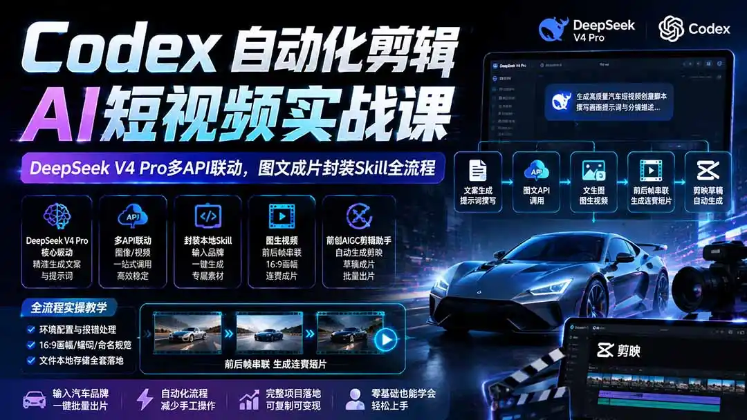 Codex自动化剪辑AI短视频实战课｜DeepSeek V4 Pro多API联动，图文成片封装Skill全流程-亿起创业网-副业兼职月入过万-自媒体、引流推广、网赚项目、短视频、技术教程等创业项目资源