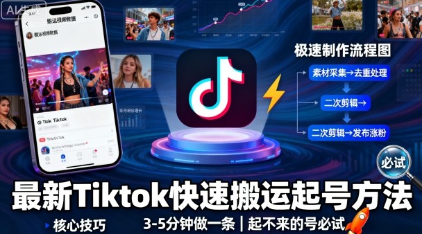 最新Tiktok快速搬运快速起号方法，3-5分钟做一条，起不来的号可以试试-亿佰盟网