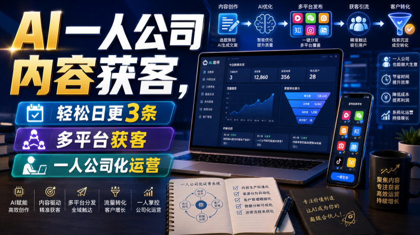 AI一人公司内容获客，轻松日更3条，多平台获客，一人公司化运营-亿起创业网-副业兼职月入过万-自媒体、引流推广、网赚项目、短视频、技术教程等创业项目资源