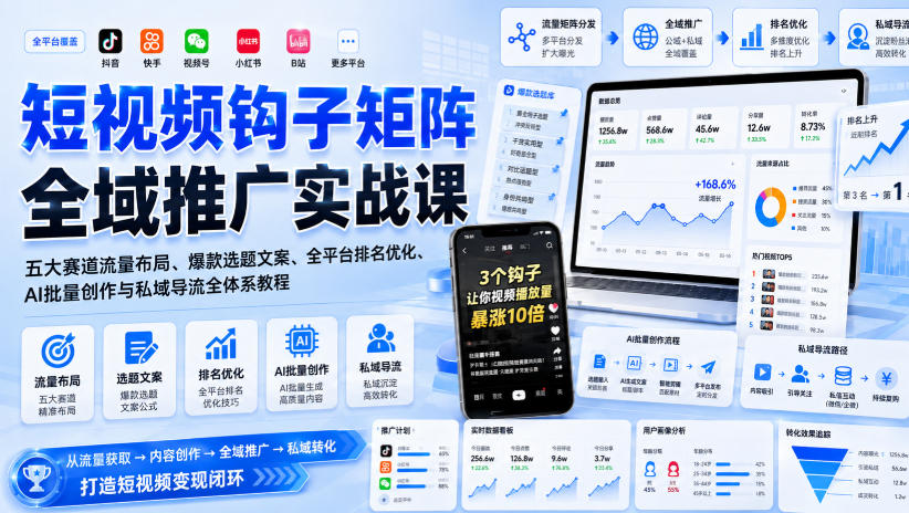 短视频钩子矩阵全域推广实战课|五大赛道流量布局、爆款选题文案、全平台排名优化、AI批量创作与私域导流全体系教程-亿起创业网-副业兼职月入过万-自媒体、引流推广、网赚项目、短视频、技术教程等创业项目资源