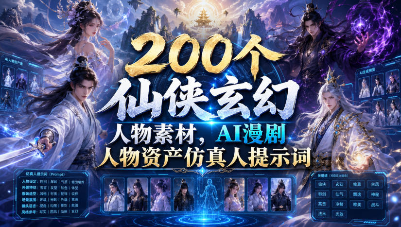200个仙侠玄幻人物素材，AI漫剧人物资产仿真人提示词-亿起创业网-副业兼职月入过万-自媒体、引流推广、网赚项目、短视频、技术教程等创业项目资源