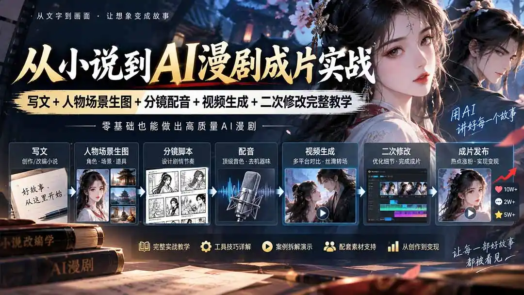 从小说到AI漫剧成片实战：写文+人物场景生图+分镜配音+视频生成+二次修改完整教学-亿起创业网-副业兼职月入过万-自媒体、引流推广、网赚项目、短视频、技术教程等创业项目资源