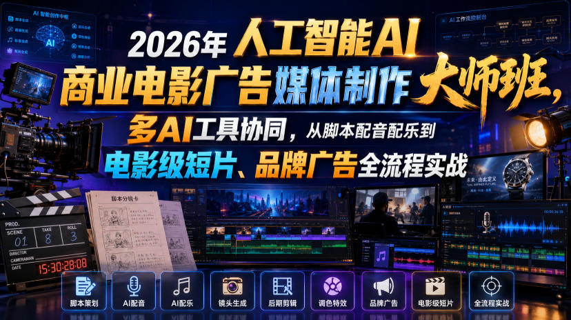 2026年人工智能AI商业电影广告媒体制作大师班，多AI工具协同，从脚本配音配乐到电影级短片、品牌广告全流程实战(中英字幕)-亿起创业网-副业兼职月入过万-自媒体、引流推广、网赚项目、短视频、技术教程等创业项目资源