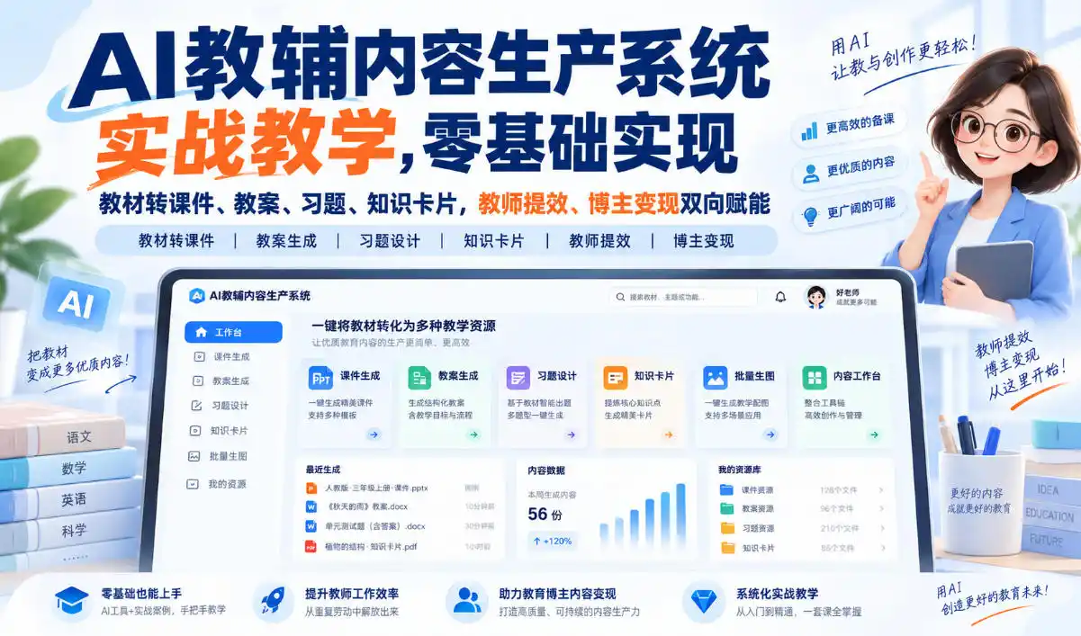 AI教辅内容生产系统实战教学，零基础实现教材转课件、教案、习题、知识卡片，教师提效、博主变现双向赋能-亿起创业网-副业兼职月入过万-自媒体、引流推广、网赚项目、短视频、技术教程等创业项目资源